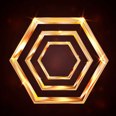 Bright golden hexagon on a dark background. Luxury gold vector illustration. Easy to edit design template for your business projects.のイラスト素材