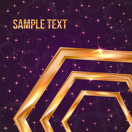 Bright golden hexagon on a dark purple background with sparkling stars and particles. Luxury gold vector illustration. Easy to edit design template for your business projects.のイラスト素材