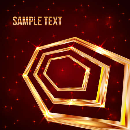 Bright golden hexagon on a dark red background with sparkling stars and particles. Luxury gold vector illustration. Easy to edit design template for your business projects.のイラスト素材