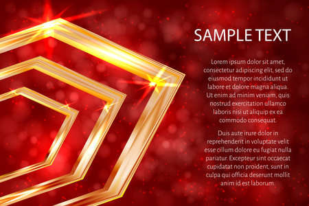 Bright golden hexagon on a red background with bokeh. Luxury gold vector illustration. Easy to edit design template for your business projects.のイラスト素材