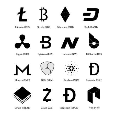 Set of crypto currency vector icons. Bitcoin, Litecoin, Dash, Zcash, Ethereum, Monero, Ripple, Dashcoin, Stratis, BitShares, NEO, Dogecoin, Bytecoin, Navcoin, NEM, Cardano digital currency.のイラスト素材