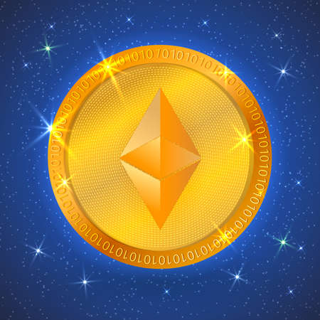 Realistic gold ethereum icon in space, cryptocurrency. Digital currency virtual money golden coins. Blockchain technology, easy to use design template for your business projects.のイラスト素材