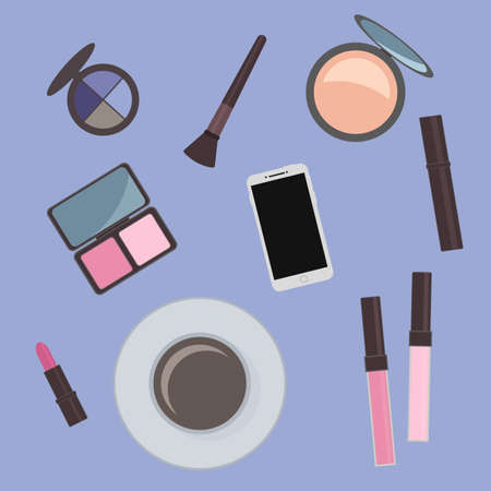 Flat lay cosmetics accessories and cup of coffee. Vanity table. Concept of beauty, fashion, glamour. Easy to edit vector design for beauty salons, bloggers, social media, websites, logo, cards, etc.のイラスト素材
