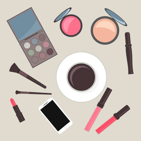 Flat lay cosmetics accessories and cup of coffee. Vanity table. Concept of beauty, fashion, glamour. Easy to edit vector design for beauty salons, bloggers, social media, websites, logo, cards, etc.のイラスト素材