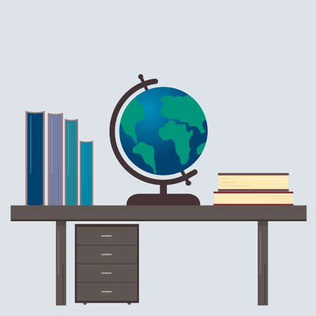 Desk  with books and globe. Workplace of the student. Education concept. Easy to edit vector design template.のイラスト素材