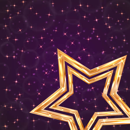 Bright golden star on a dark purple background with sparkling particles. Luxury gold vector illustration. Easy to edit design template for your artworks.のイラスト素材