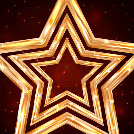 Bright golden stars on a dark red bokeh background with sparkling particles. Luxury gold vector illustration. Disco party concept. Easy to edit design template for your artworks.のイラスト素材