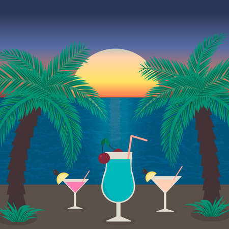 Sunset beach with sea, palm trees and glasses of cocktails. Tropical beach party vector illustration. Vacation and relax concept. Easy to edit design template for your artworks.のイラスト素材