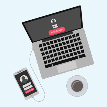 Registration new account. Sign in page on computer and smartphone screen. Laptop and mobile phone with authentication interface. Creating account on social media or website. Flat vector illustration.のイラスト素材