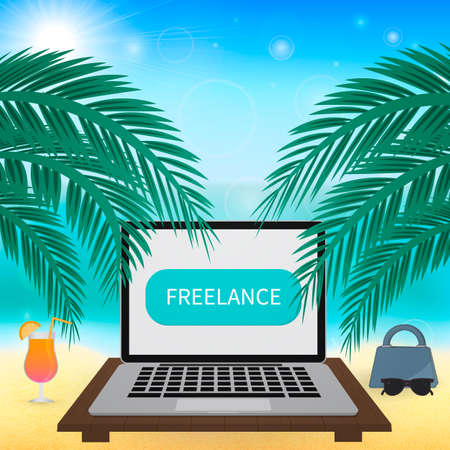 Laptop and glass of cocktail on tropical beach. Freelance work vector illustration.Distant job concept. Working on holidays. Easy to edit design template for your projects.のイラスト素材