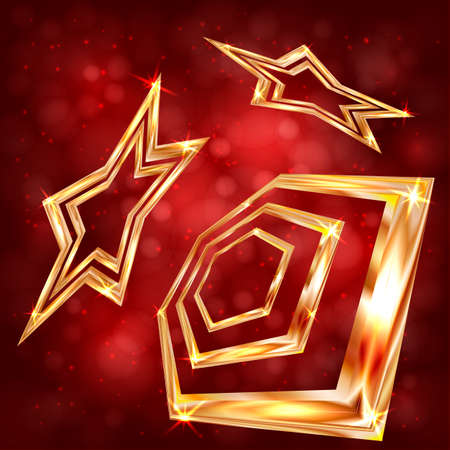 Bright golden hexagon and stars on a red blurred background with bokeh. Luxury gold vector illustration. Cosmic backdrop. Easy to edit design template for your artworks.のイラスト素材