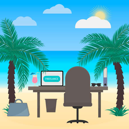 Freelance work vector illustration in flat style. Laptop and glass of cocktail on the deck. Workplace of  freelancer. Working under palm trees on tropical beach. Office by the sea concept.のイラスト素材