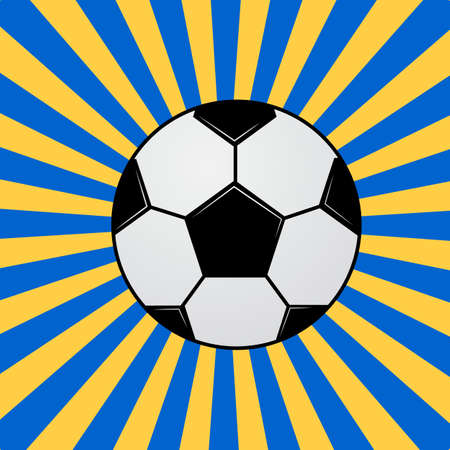 Soccer ball on background with blue and yellow concentric strips. Football banner in pop art style. Funny cartoon sport vector illustration. Easy to edit design template for your artworks.のイラスト素材