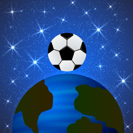 Planet Earth and a soccer ball in space. The concept of the World Cup. Football competitions vector illustration. The universe of sport. Easy to edit template for your design projects.のイラスト素材