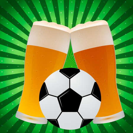 Soccer ball and Ñlinking glasses of beer on a bright green background  with radial lines. Football concept. Sport bar banner. Easy to edit vector design  template for your design projects.のイラスト素材