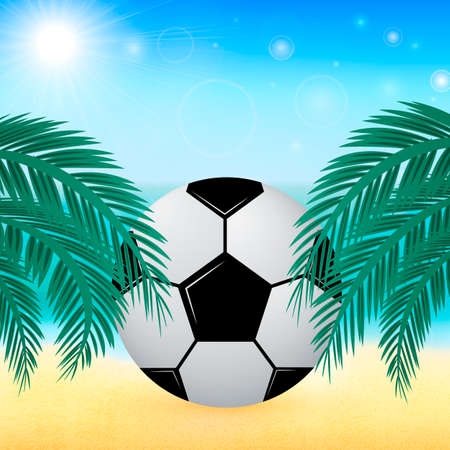Summer vector background with sea, palm leaves and Soccer ball. Blurred bokeh backdrop. Vacation and sport concept. Tropical beach and activities.  Easy to edit design template for your artworks.のイラスト素材