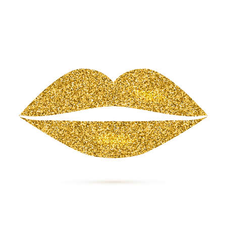 Golden lips isolated on white background. Shiny gold glitter lip icon. Woman's mouth. Glamour fashion vector illustration. For cosmetic products, beauty salons, bloggers and makeup artists.のイラスト素材