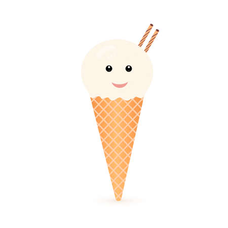 Cute cartoon ice cream. Cone ball of vanilla icecream with eyes and lips. Summer dessert concept. Funny vector illustration. Easy to edit template for your design projects.のイラスト素材