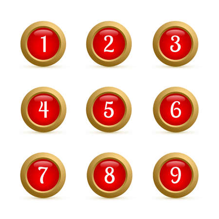 Set of round buttons with numbers from 1 to 9. Glossy red and gold buttons isolated on white. Numbered badges vector icons. 3d keys for websites and mobile applications. Easy to edit template.のイラスト素材
