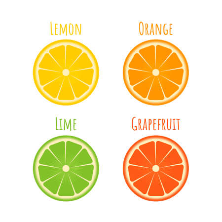 Set of citrus icons in flat style. Slices of orange, lime, lemon, grapefruit isolated on white. Fresh fruits vector illustration. The concept of diet, healthy food and nutrition. Easy to edit template.のイラスト素材