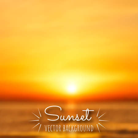 Beautiful sunrise or sunset on the sea. Summer  tropical background. Blurred defocused vector illustration. Beach party concept. Easy to edit template for your design projects.のイラスト素材