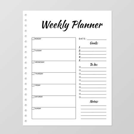 Weekly planner template. Blank white notebook page isolated on grey. Organizer page. Paper sheet. Stationery for education, office and planning a routine. Realistic vector illustration.のイラスト素材