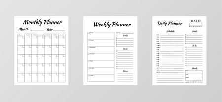 Set of minimalist planners. Daily, weekly, monthly planner template. Blank white notebook page...