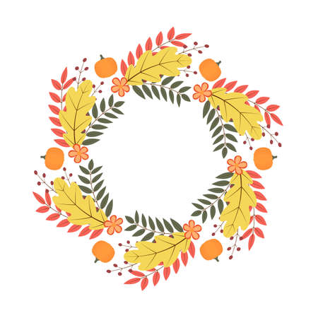 Wreath of colorful autumn leaves, flowers and pumpkin. Fall theme vector illustration. Thanksgiving day greeting card or invitation. Easy to edit template for your design projects.のイラスト素材