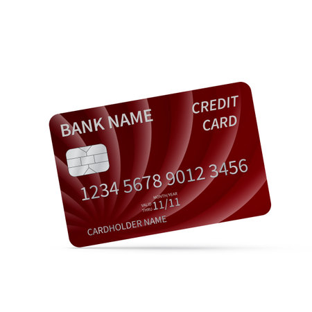 Realistic red credit card isolated on white. Detailed plastic card with silver embossed symbols. Virtual money and online payment around the world concept. Easy to edit vector template.のイラスト素材