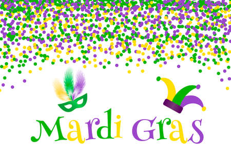 Mardi Gras carnival vector background with green, purple and yellow confetti. Easy to edit design template for your design projects.のイラスト素材