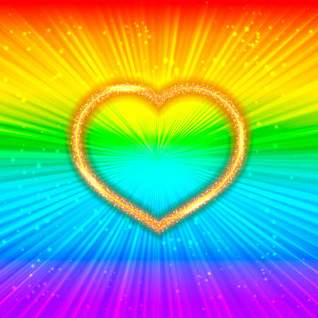 Gold sparkling heart on rainbow shining background. LGBT community concept. Gay pride flag. Easy to edit design template for your artworks. Vector illustration.のイラスト素材