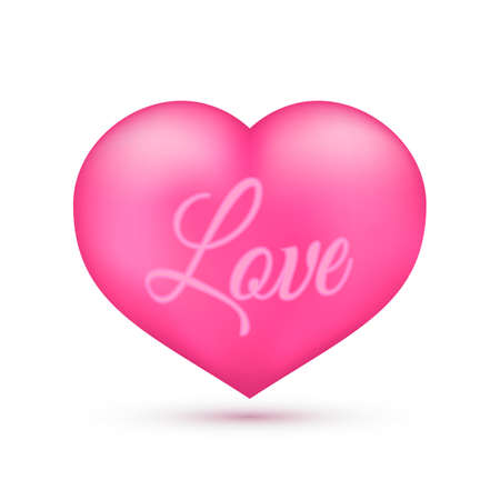 Realistic pink heart with writing âLoveâ on it. Isolated on white. Valentineâs day greeting card background. 3D icon. Romantic vector illustration. Easy to edit design template for your artworks.のイラスト素材