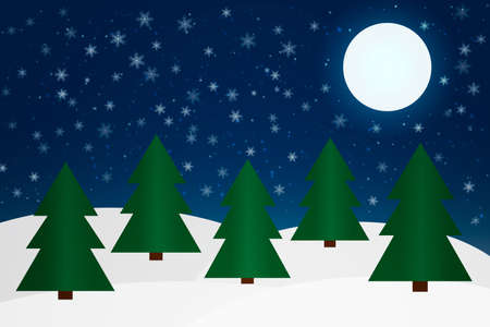 Winter forest with fir trees and moonlight at night. Vector illustration.のイラスト素材