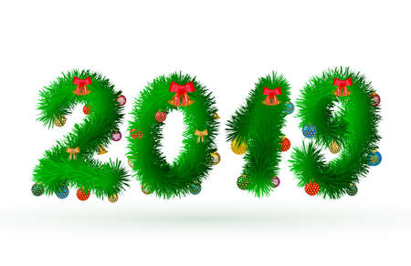 2019 numbers are made of fir branches with Christmas balls. Fur effect New Year eve sign.Holidays vector illustration. Easy to edit template for greeting card, postcard, banner, poster etc.のイラスト素材