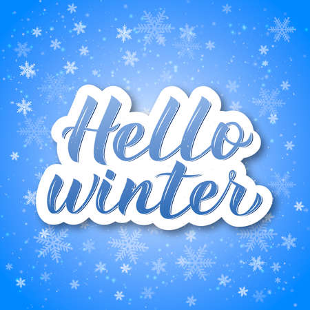 Hello Winter calligraphy lettering. Bright blue background with flying snowflakes. Winter party decorations. Holiday mood vector illustration. Easy to edit template for banner, greeting card etc.のイラスト素材