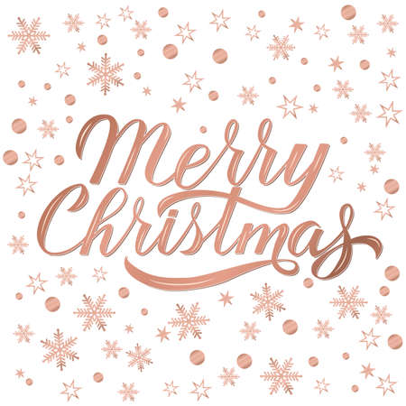 Merry Christmas greeting card. Hand drawn lettering. Rose gold Holidays pattern with snowflakes and dots. Christmas party typography poster. Easy to edit vector template for your artworks.のイラスト素材