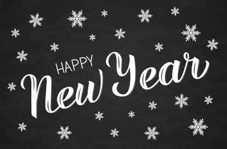 Happy New Year hand drawn calligraphy lettering surrounded by snowflakes on chalkboard. Holidays vector illustration.  Easy to edit vector template for banner, poster, greeting card etc.のイラスト素材