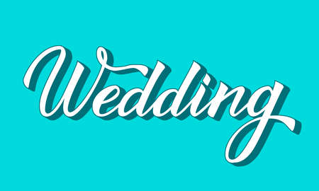 Hand written calligraphy lettering Wedding with brush. Three-dimensional letters on blue background. Easy to edit vector template for invitation, cards, reception decorations in retro style.のイラスト素材