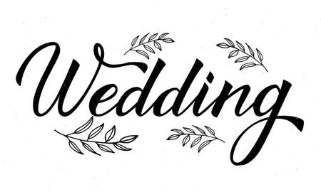 Hand drawn word Wedding with floral elements on white. Calligraphy lettering. Easy to edit vector template for invitation, save the date cards, reception banners and decorations.のイラスト素材