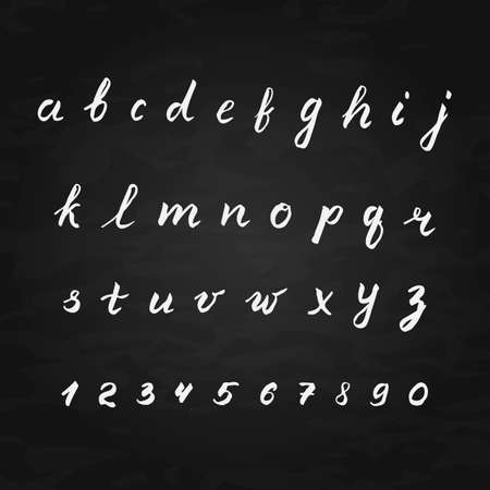 Hand written vector alphabet. Letters A-Z and numbers 0-9 on chalkboard background. Calligraphy  font. Latin lowercase handwriting symbols. Education poster. Easy to edit template for your artworks.のイラスト素材