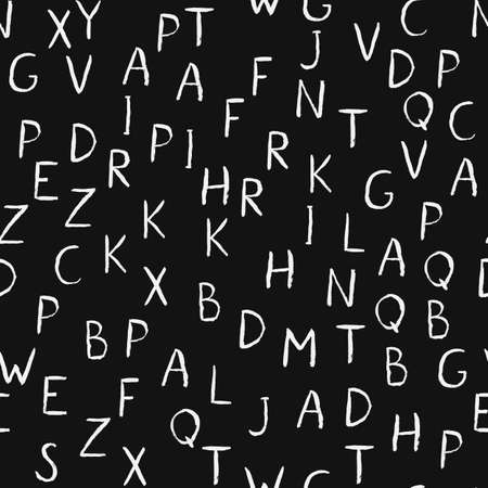 Hand drawn vector alphabet seamless pattern. Chalk painted grunge letters A-Z on black. Sans serif font. Latin uppercase handwriting symbols. Easy to edit design template for your artworks.のイラスト素材