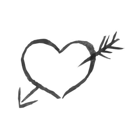 Hand drawn heart with arrow. Textured halftone brush stroke. Grunge heart shape painted in watercolor. Valentines day sign. Love symbol. Easy to edit vector element of design.のイラスト素材