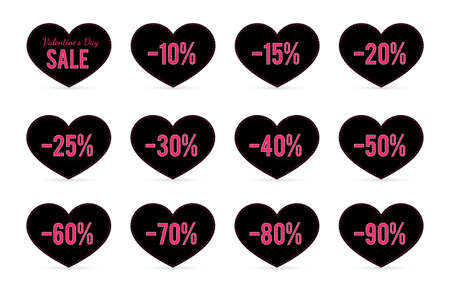 Valentines day sale tags in the shape of a heart. Special offer discount percent labels. Vector illustration. Easy to edit elements of design for shop advertising and promotion.のイラスト素材