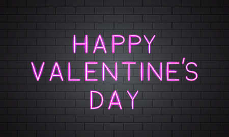 Happy Valentineâs Day 3d neon banner on brick wall. Retro sign with Hot pink glowing text on it. Easy to edit vector template for Valentines day greeting card, party invitation, flyer, poster etc.のイラスト素材