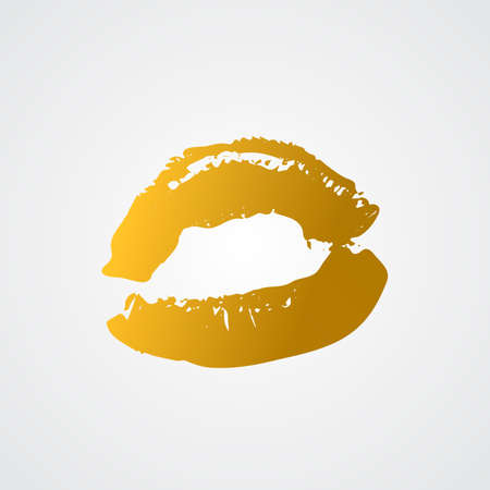 Gold lipstick kiss on white background. Imprint of the lips. Kiss mark vector illustration. Valentines day theme print. Easy to edit template for greeting card, poster, banner, flyer, label, etc.のイラスト素材