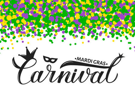 Carnival Mardi Gras calligraphy hand lettering with colorful confetti dots. New Orleans Masquerade party invitation. Fat or Shrove Tuesday sign. Easy to edit vector template  for banner, flyer, etc.のイラスト素材