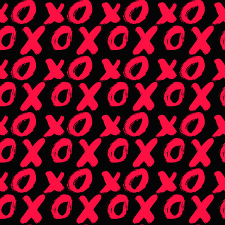 Seamless pattern XOXO on black background. XO drawn with red lipstick. Hugs and kisses abbreviation...