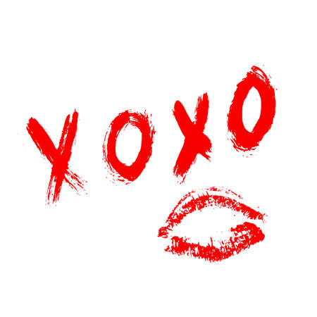 XOXO hand written phrase and red lipstick kiss isolated on white background. Hugs and kisses sign. Grunge brush lettering XO. Easy to edit template for Valentineâs day greeting card, banner, poster.のイラスト素材