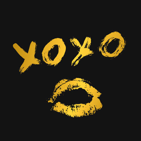 XOXO hand written phrase and gold lipstick kiss on black background. Hugs and kisses sign. Grunge brush lettering XO. Easy to edit template for Valentineâs day greeting card, banner, poster.のイラスト素材