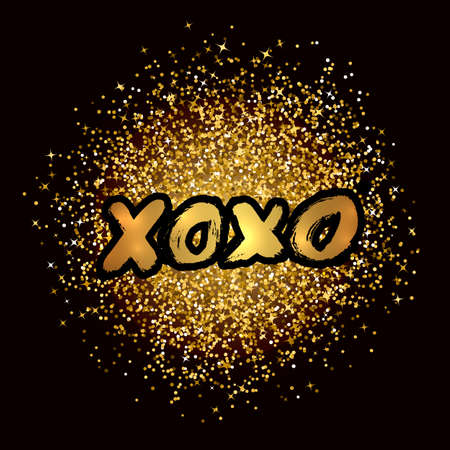 XOXO hand written phrase on gold glitter confetti background. Hugs and kisses sign. Grunge brush lettering XO. Easy to edit template for Valentineâs day greeting card, banner, poster, flyer, postcard.のイラスト素材